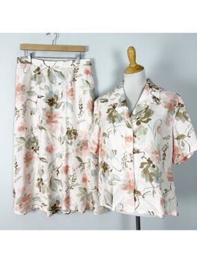 Vtg Liz Claiborne 2 Piece Set Pink Floral Linen Shirt & Maxi Skirt Size 16 Women